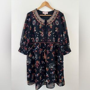 Philosophy Embellished Boho Printed Tie Neck Semi Sheer Long Sleeve Midi Dress